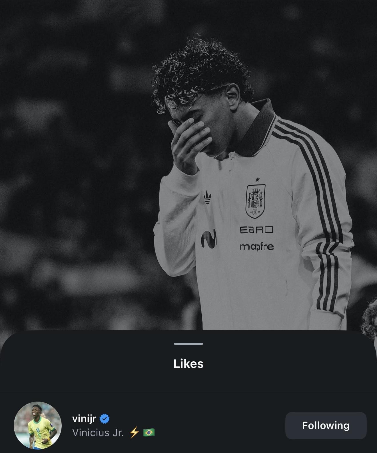 世界杯直播网-反对歧视，维尼修斯点赞亚马尔谴责种族歧视的动态